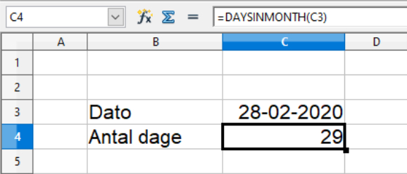 Bestemmelse af antal dage i datoens måned i Calc regneark