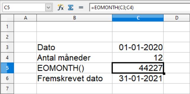 Fremskrivning af dato med EOMONTH() i Calc regneark