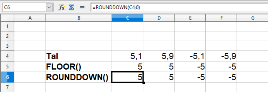 Nedrunding af talværdier med ROUNDUP() i Calc regneark