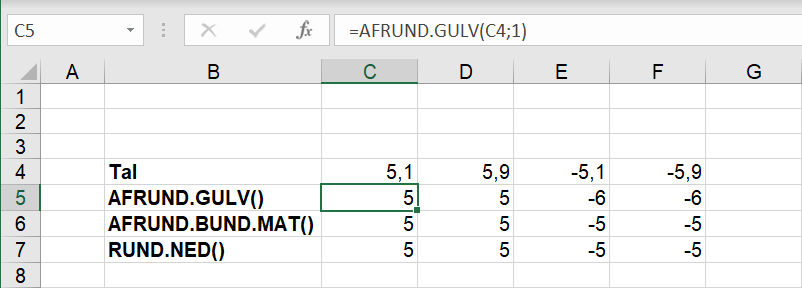 Nedrunding af talværdier med AFRUND.GULV() i Excel regneark
